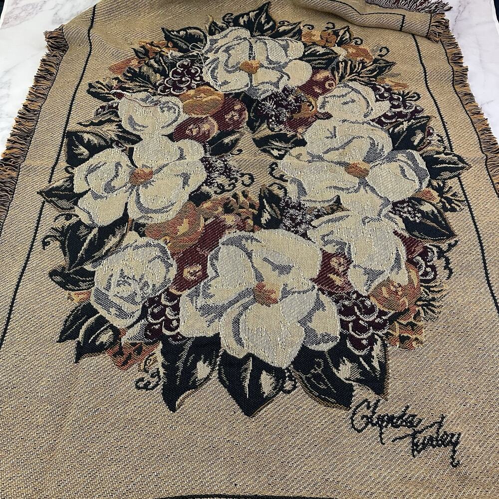 Glynda Turley Vintage 90s Tapestry Throw Blanket Tan Green Magnolia Floral New